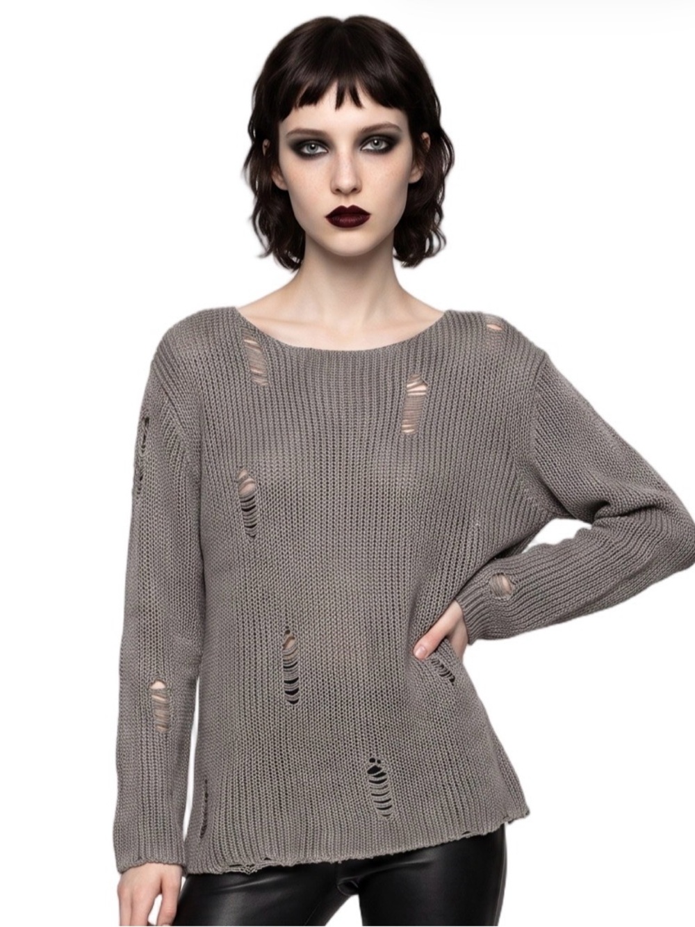 Grey Distressed Shredded Sweater Longsleeve Boatneck Relaxed Soft  Fairycore LG